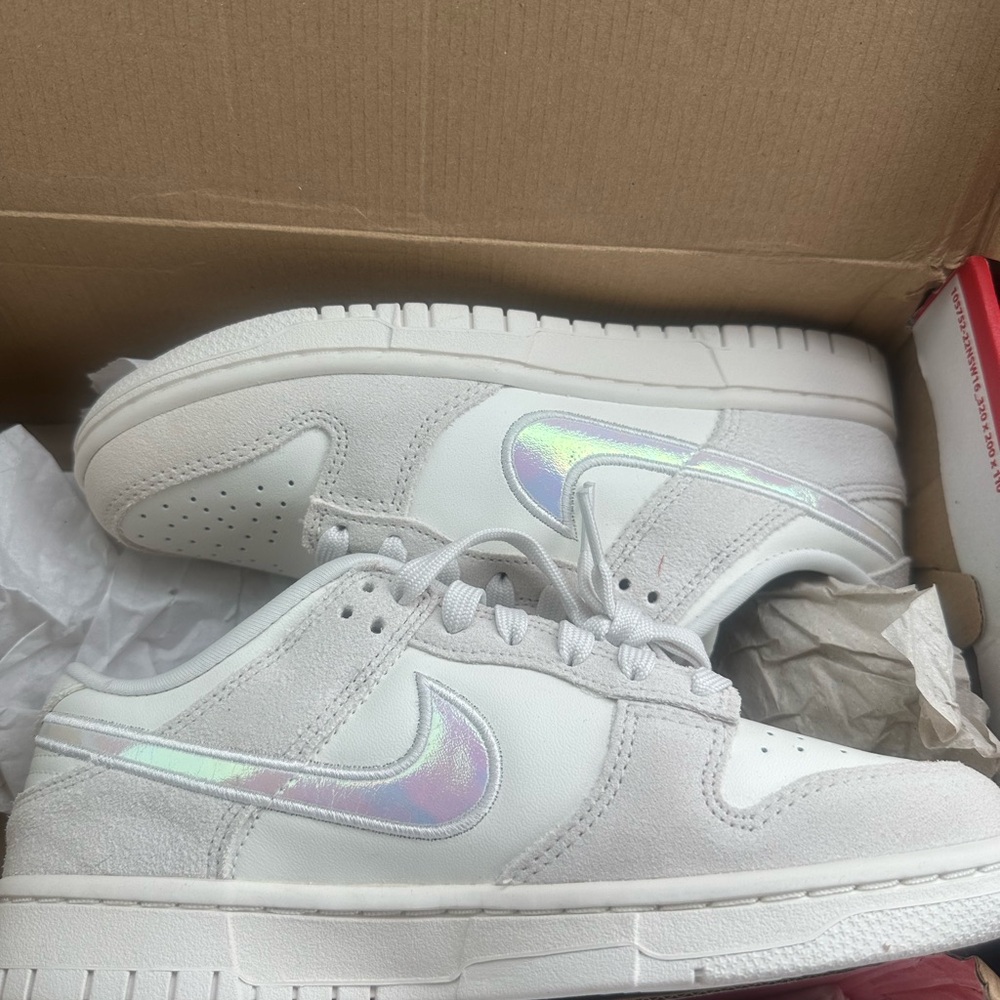 Nike Kids White Sneakers with Iridescent Swoosh